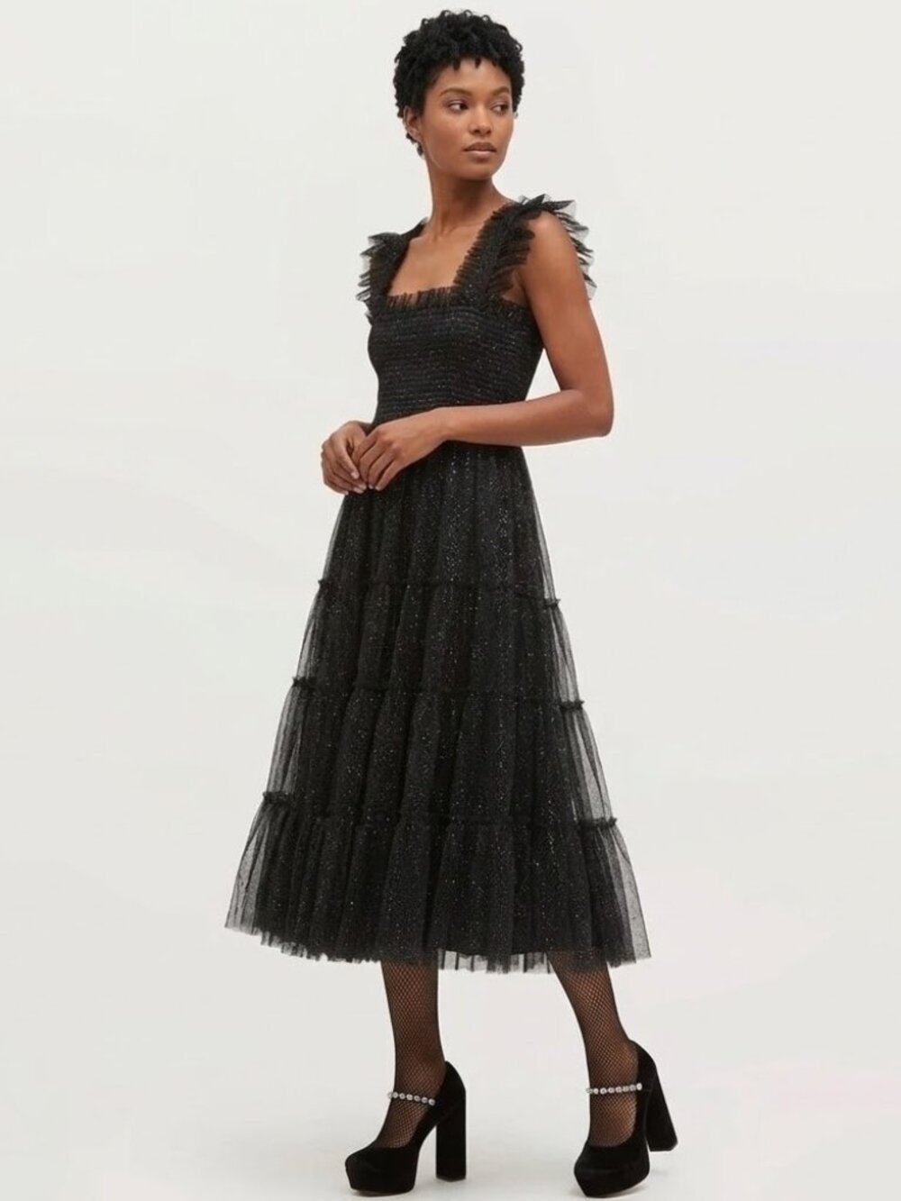 NWT Hill House Collector's Ellie Nap in Black Glitter Tulle Smocked Midi Dress M